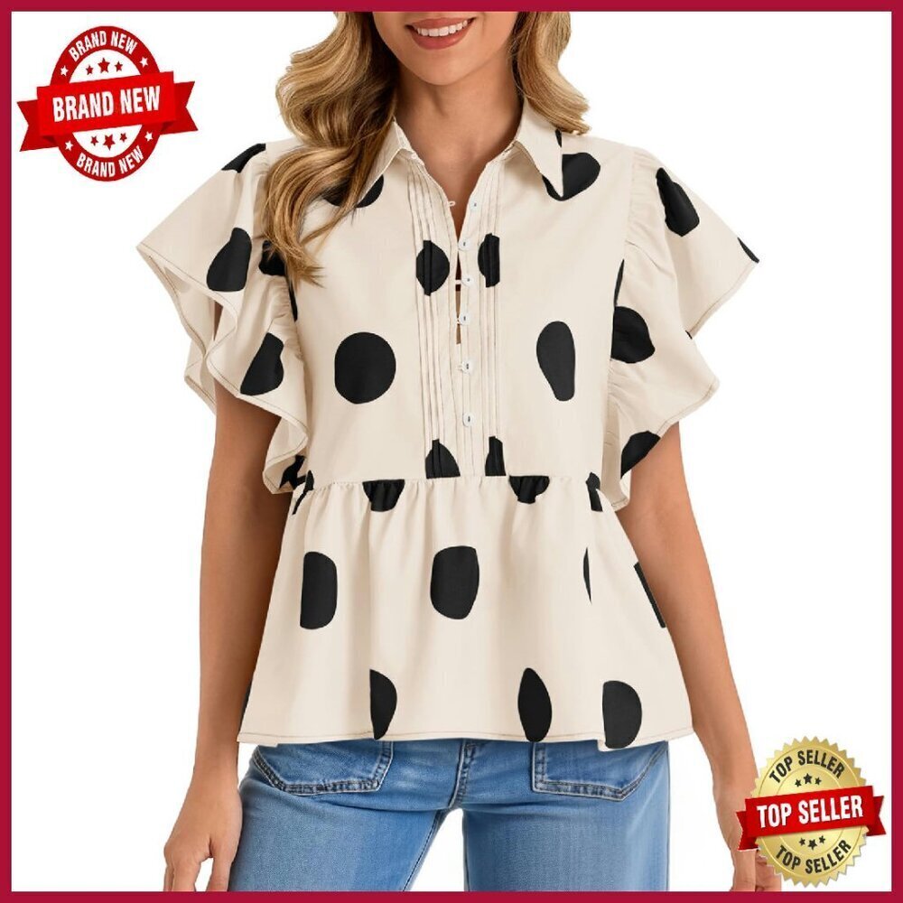 Polka Dot Babydoll Peplum Blouse Ruffle Cap Sleeve Summer Casual